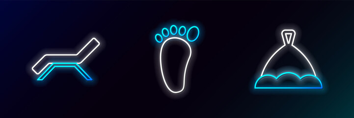 Sticker - Set line Sauna hat, Sunbed and umbrella and Foot massage icon. Glowing neon. Vector