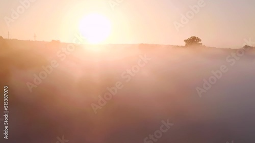 Fototapete - Spectacular summer landscape with thick morning fog. Filmed in UHD 4k video.