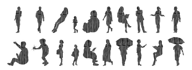 Vector silhouettes, Outline silhouettes of people, Contour drawing, people silhouette, Icon Set Isolated, Silhouette of sitting people, Architectural set	
