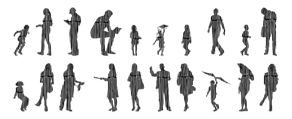 Vector silhouettes, Outline silhouettes of people, Contour drawing, people silhouette, Icon Set Isolated, Silhouette of sitting people, Architectural set	
