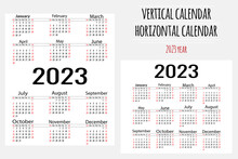 Vertical And Horizontal Simple Calendar For 2023. 2023 Calendar Layout, 12 Month Templates. The Week Starts On Sunday. Vector Illustration