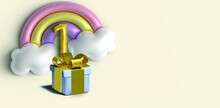 Happy 1st Birthday Number And Gifts On A Yellow Background. 3D Illustration.