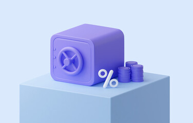 A closed purple safe with a stack of coins. 3d rendering