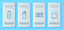Set Line Sauce Bottle, Barcode, Bottle With Milk And Shopping Bag And Food Icon. Vector