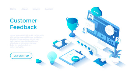 Wall Mural - Customer feedback. Five star feedback, site rating. Reviews and comments from clients on the monitor screen. Isometric illustration. Landing page template for web on white background.