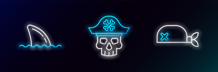 Canvas Print - Set line Pirate bandana for head, Shark fin in ocean wave and captain icon. Glowing neon. Vector