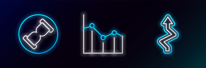 Sticker - Set line Arrow, Old hourglass with sand and Pie chart infographic icon. Glowing neon. Vector