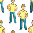 seamless pattern model of a human male in a cap, hands on the belt vector illustration