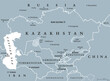 Central Asia, gray political map. Subregion of Asia, consisting of former Soviet republics, stretching from the Caspian Sea to China and Mongolia, and from south of Russia to Afghanistan and Iran.