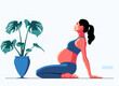 Happy pregnant girl in a sports suit doing yoga and exercises for health and relaxation. International Yoga Day. The pregnant woman performs aerobics exercises and morning meditation at home. 