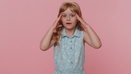 Wall Mural - Oh my God, Wow. Young preteen child girl kid looking surprised at camera with big eyes, shocked by sudden victory, game winning lottery goal achievemen good news. Toddler children on pink background