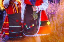 Beautiful Girls In Traditional Bulgarian Folklore Costumes In Lavender Field During Harvest And Sunset