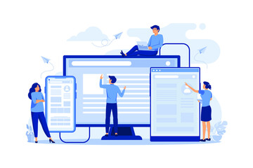 concept of web page design and development of mobile websites, small people are working on creating 
