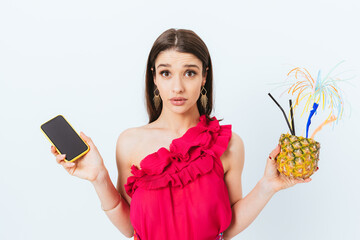 Confused cute brunette girl wearing red summer top