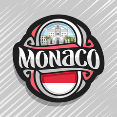 Wall Mural - Vector logo for Monaco country, fridge magnet with monegasque state flag, original brush typeface for word monaco and national symbol - Saint Nicholas Cathedral in Monte Carlo on cloudy sky background