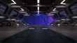 Science fiction space station docking bay with view of a planet through the doorway. 3D rendering.