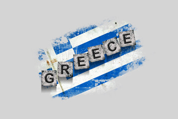 Wall Mural - Greece, words on stone blocks, on grunge background of Greece flag. Isolated on white background. Design element. Signs and symbols.