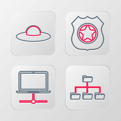 Poster - Set line Folder tree, Computer network, Police badge and UFO flying spaceship icon. Vector