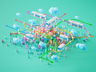 3d city town. metro line map urban. subway transport system. 3d illustrator. train station traffic control. town isometric design concept. capital city object. connection transportation. futuristic.