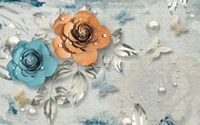 3d Wallpaper Jewelry Blue And Orange Flower On Silver Marble Background