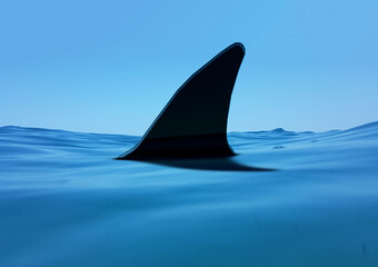 shark fin on blue waves risk danger - 3d rendering