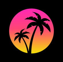 1980's Retrowave Style Illustration With Coconut Palm Trees Against The Gradient Sunset