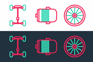 Poster - Set line Car wheel, Chassis car and Electric engine icon. Vector