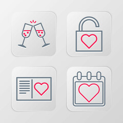 Wall Mural - Set line Calendar with heart, Valentines day flyer, Lock and and Glass of champagne icon. Vector