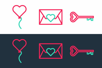 Poster - Set line Key in heart shape, Balloon form of and Envelope with Valentine icon. Vector