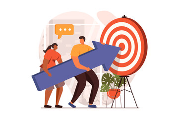 Fototapete - Teamwork web concept in flat design. Man and woman working together, hold huge arrow, targeting and achieving goals, business communication and collaboration. Illustration with people scene