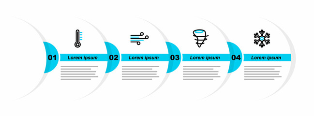 Sticker - Set line Snowflake, Tornado, Wind and Meteorology thermometer icon. Vector