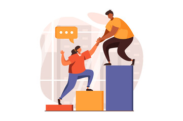 Fototapete - Teamwork web concept in flat design. Man and woman climb career steps, work in team, leadership and partnership, achieving goals and professional development. Illustration with people scene