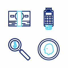 Poster - Set line Coin money, Magnifying glass and dollar, POS terminal with credit card and Stacks paper cash icon. Vector