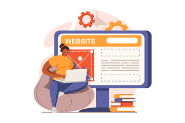 Ui and ux designers web concept in flat design. Woman creating and optimizing interface layout for webpages, placing content and text blocks, working on laptop. Illustration with people scene