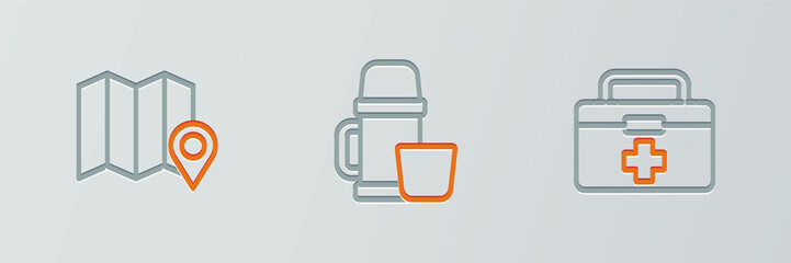 Poster - Set line First aid kit, Location of the forest on map and Thermos container and cup icon. Vector