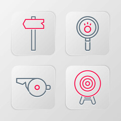 Sticker - Set line Target sport, Whistle, Paw search and Road traffic sign icon. Vector