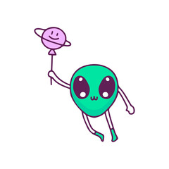 Wall Mural - Kawaii alien mascot holding planet balloon, illustration for t-shirt, sticker, or apparel merchandise. With doodle, retro, and cartoon style.