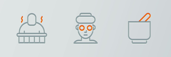 Sticker - Set line Mortar and pestle, Sauna spa procedures and Facial cosmetic mask icon. Vector