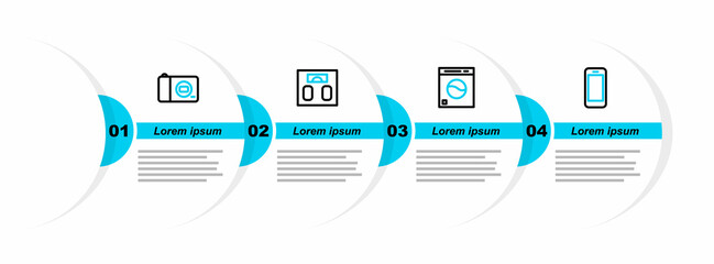 Wall Mural - Set line Smartphone, Washer, Bathroom scales and Photo camera icon. Vector