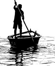 Silhouette Of Man Standing In Boat, Cut Out Drawing Of Man On Boat, Line Art Illustration Man In Old Vintage Boat