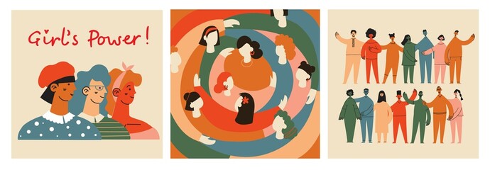 Wall Mural - Women friendship group. Diverse female team standing together, holding hands, girls power, multinational sisterhood community vector illustration. Friendship group females, people diversity