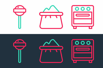 Canvas Print - Set line Oven, Lollipop and Bag of flour icon. Vector