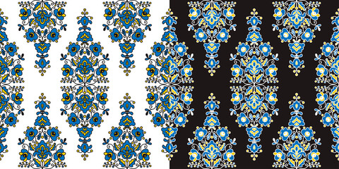 Wall Mural - Set of seamless patterns with stylized yellow and blue ukrainian folk floral elements. Ethnic ornament based on national embroidery tradition. Can be used for decoration, surface and print design