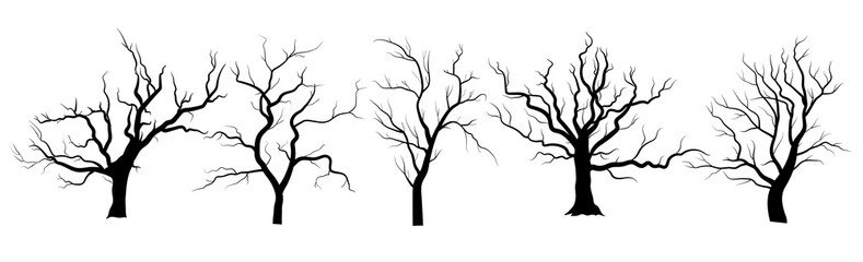 Set of dead tree silhouettes. Black trees without leaves. Halloween tree icons. Vector illustration