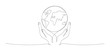 Human hands holding Earth globe continuous line art drawing. Save of Planet linear concept. Vector illustration isolated on white.