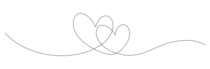 Wall Mural - Two hearts continuous one line art drawing. Double heart wavy line. Vector illustration isolated on white.