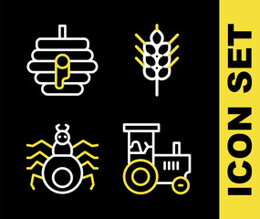 Sticker - Set line Wheat, Tractor, Spider and Hive for bees icon. Vector