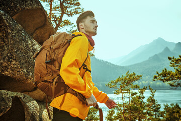 Wall Mural - hiker exploring mountains