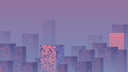 Wall Mural - Violet sunset over the business city with skyscrapers. Purple highrise cityscape background in 80s style with sun reflections in the windows