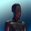 Abstract concept sculpture illustration from 3D rendering of black mat metal reflecting female figure with flat melting anonymous face isolated on background in vaporwave style colors.